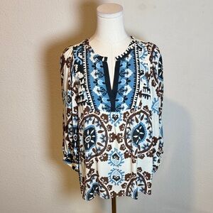 Pablo Bohemian Blue & Brown Peasant Style Top size 3/Large